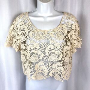 Y2K Crochet Crop Top Ivory Sheer Hippie Festival Forever 21 Size Large Women's L
